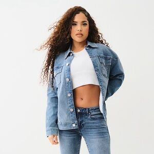 NWT True Religion Oversized Denim Metallic Logo Jacket